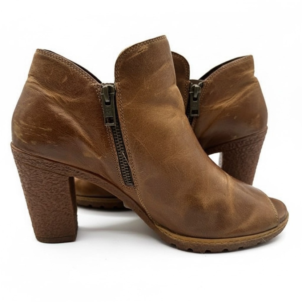 Timberland Brown Leather Peep Toe Ankle Booties Block Heel Zip Up 10 - Picture 5 of 14